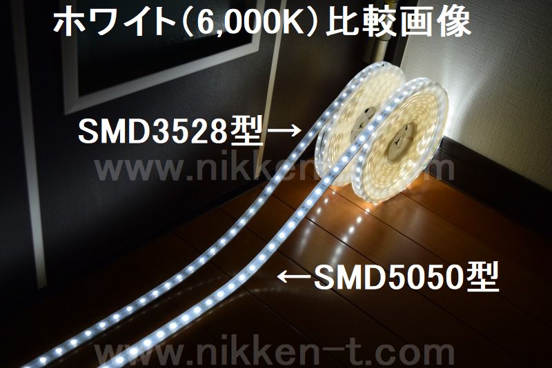 防水型LEDテープライト、SMD5050型(R3)、ホワイト、300球、5m巻、白基板、シリコンチューブ、IP65、部品別売り、エンド側コード無し