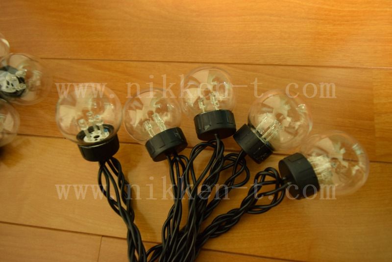 電源別売り LED丸形電球ストリング、G50型クリア球、10球(30LED)、電球色オレンジゴールド、黒コード